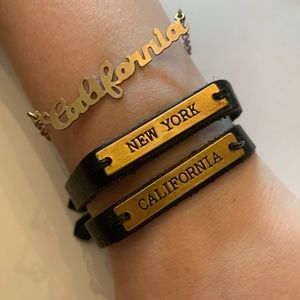 Set of 3 Antique Gold and Black Leather Bracelets
